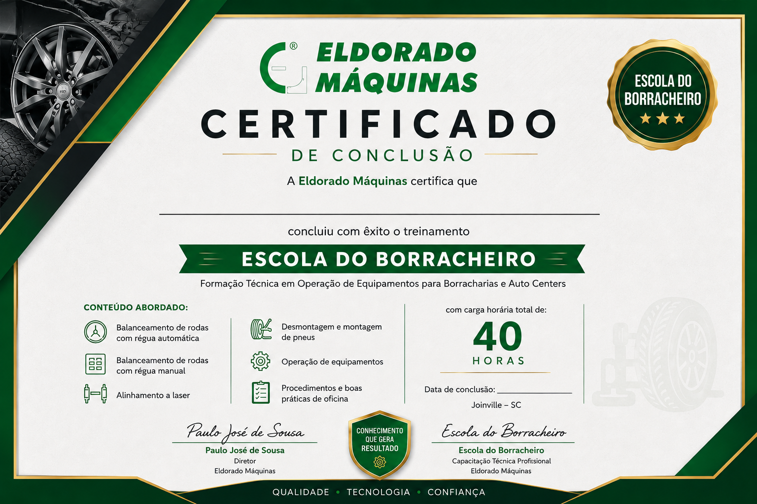 Certificado de Conclusão da Escola do Borracheiro emitido pela Eldorado Máquinas